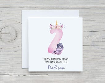 Personalised 2nd Birthday Card For Girls, Unicorn Number Two Birthday Card, Second Birthday Card, Daughter Granddaughter Niece Sister