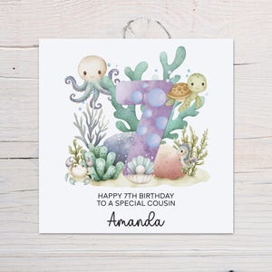 Carte personnalisée pour 7e anniversaire - Sous le thème de la mer, tous les prénoms, garçon ou fille, animaux de l'océan, fils, fille, petit-enfant, frère et sœur