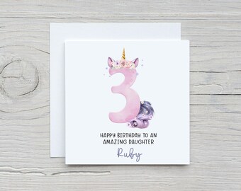 Personalised 3rd Birthday Card For Girls, Unicorn Number Three Birthday Card, Third Birthday Card, Daughter Granddaughter Niece Sister