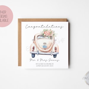 Carte de mariage personnalisée avec illustrations de voitures vintage, carte de félicitations de mariage, noms personnalisables, lieu et date, vide à l'intérieur