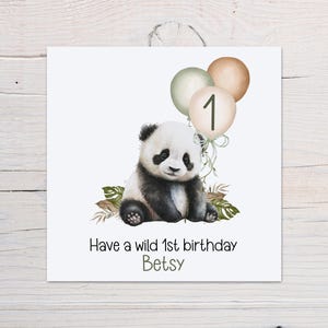 Carte personnalisée 1er anniversaire, motif panda, nom personnalisé, thème safari dans la jungle, garçon ou fille, carte Wild One