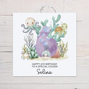 Carte personnalisée pour 6e anniversaire - Sous le thème de la mer, tous les noms, garçon ou fille, animaux de l'océan, fils, fille, petit-enfant, frère et sœur