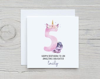 Personalised Unicorn 5th Birthday Card, Girl Birthday Card, Card For 5
