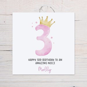 Carte de 3e anniversaire personnalisée pour elle, carte de couronne de princesse, carte de troisième anniversaire, trois aujourd'hui, carte pour fille, petite-fille, nièce