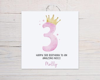 Personalised 3rd Birthday Card for Girls, Custom Name Age Three Card, Pink Crown Birthday Card, Daughter Granddaughter Niece Sister1