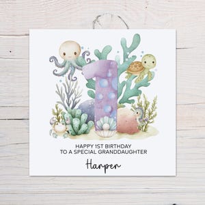 Carte personnalisée 1er anniversaire - Sous le thème de la mer, tous les noms, garçon ou fille, animaux de l'océan, fils, fille, petit-enfant, frère et sœur
