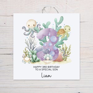 Carte personnalisée pour le 3e anniversaire - Sous le thème de la mer, tous les prénoms, garçon ou fille, animaux de l'océan, fils, fille, petit-enfant, frère et sœur