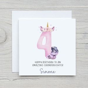 Carte personnalisée de 4e anniversaire pour elle, carte de licorne, carte de quatrième anniversaire, quatre aujourd'hui, carte pour fille, petite-fille, nièce, soeur