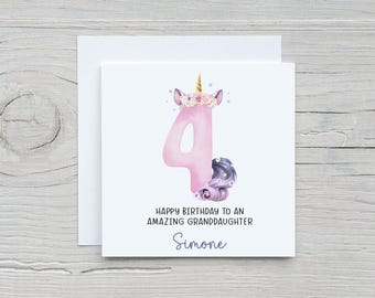 Personalised 4th Birthday Card For Girls, Unicorn Number  Birthday Card, Fourth Birthday Card, Daughter Granddaughter Niece Sister