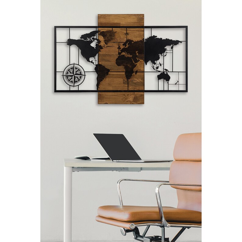 Compass & Continents of the World Map Themed Wood Wall Hanging Decor