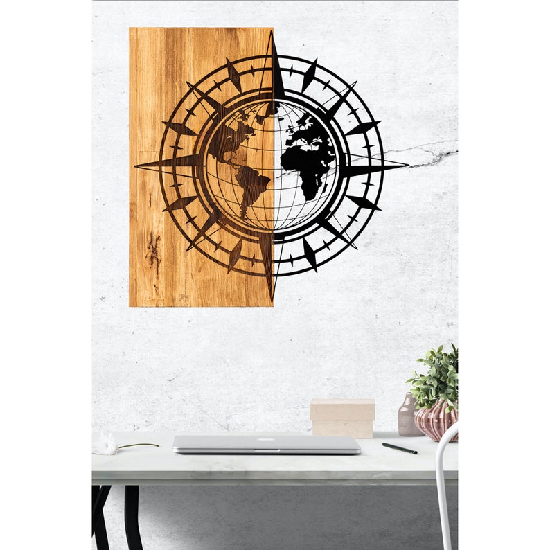 Compass & Continents of the World Map Themed Wood Wall Hanging Decor