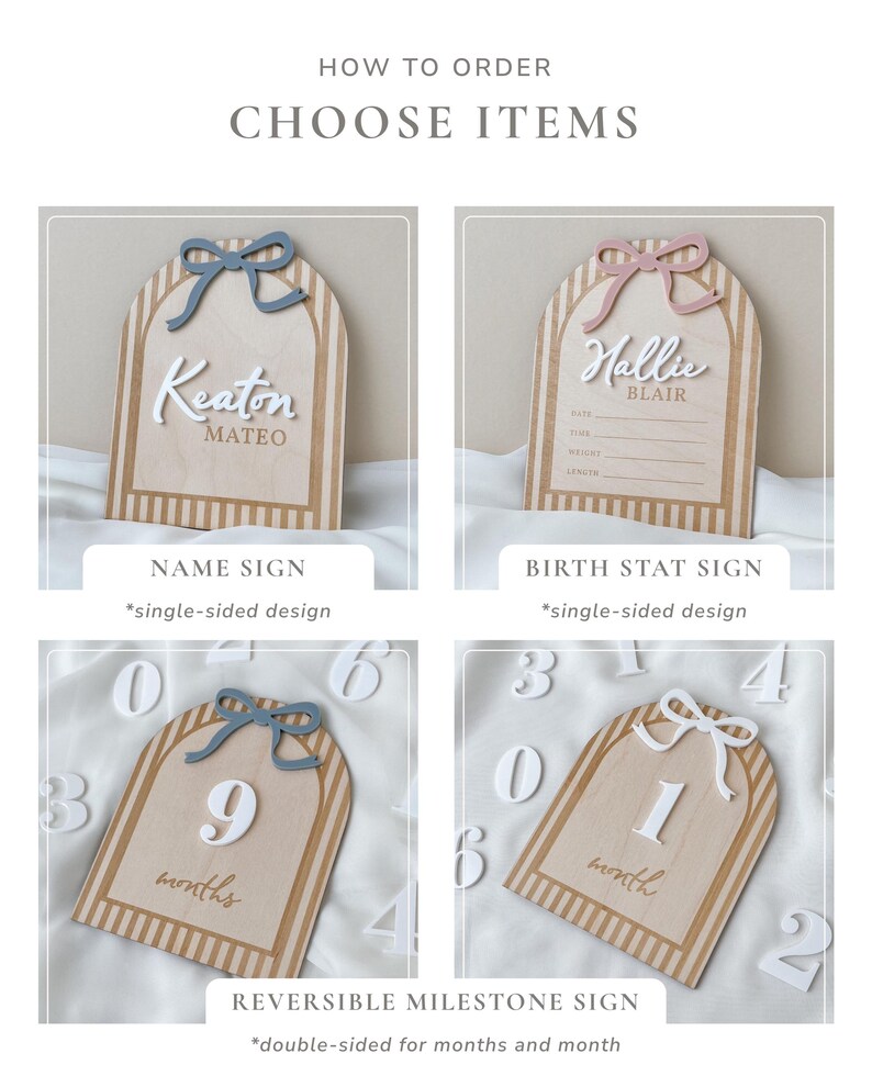 May include: Four arched wooden signs with striped borders and decorative bows. Top left: Keaton Mateo name sign. Top right: Hallie Blair birth stat sign with lines for date, time, weight, and length. Bottom: Two reversible milestone signs showing 9 and 1.