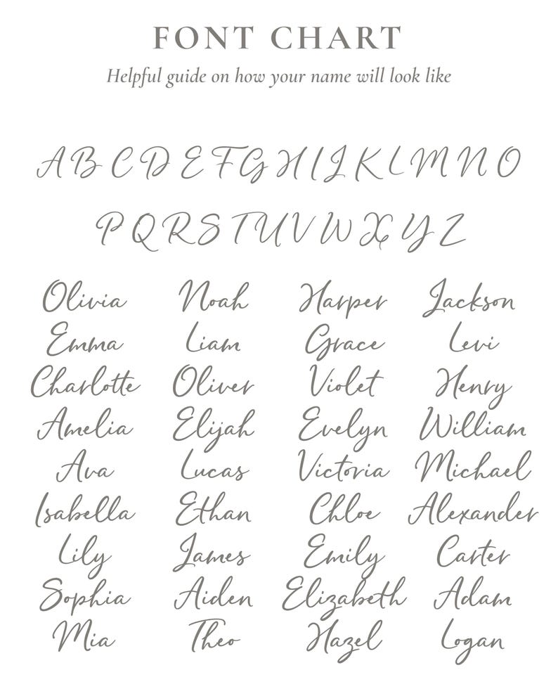 K&ouml;nnte beinhalten: Eine Schriftartentabelle mit einem grauen kursiven Alphabet von A bis Z, gefolgt von einer Liste gebr&auml;uchlicher Namen wie Olivia, Noah, Harper, Jackson, Emma, Liam, Grace, Levi, Charlotte, Oliver, Violet, Henry, Amelia, Elijah, Evelyn, William, Ava, Lucas, Victoria, Michael, Isabella, Ethan, Chloe, Alexander, Lily, James, Emily, Carter, Sophia, Aiden, Elizabeth, Adam, Mia, Theo, Hazel und Logan.