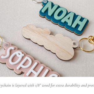 Puede incluir: Llaveros con nombres: "NOAH" en turquesa y "SOPHIA" en blanco, ambos sobre fondos en capas. El llavero "NOAH" tiene una base azul, mientras que el "SOPHIA" tiene una base rosa. Se adjuntan llaveros y cierres dorados.