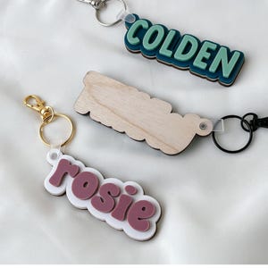 May include: Three custom keychains featuring layered designs. One displays the name COLDEN in light green on a dark teal base with a silver clip. Another is a plain wooden cutout. The third shows the name rosie in mauve on a white base with a gold clip.