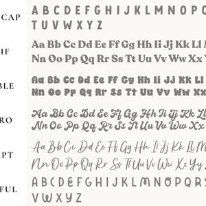 Puede incluir: Un gr&aacute;fico beige claro que muestra varios estilos de fuente: Bold Cap, Serif, Bubble, Retro, Script y Playful. Cada estilo muestra el alfabeto en letras grises, ofreciendo una gu&iacute;a visual para las opciones de tipograf&iacute;a.