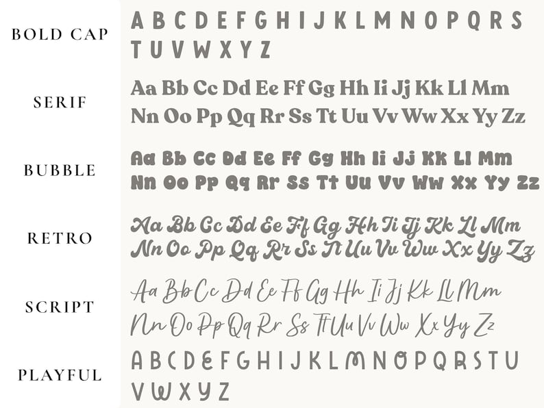 Puede incluir: Un gr&aacute;fico beige claro que muestra varios estilos de fuente: Bold Cap, Serif, Bubble, Retro, Script y Playful. Cada estilo muestra el alfabeto en letras grises, ofreciendo una gu&iacute;a visual para las opciones de tipograf&iacute;a.