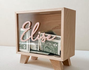 Hucha de madera con nombre, alcancía con inicial para niño, alcancía personalizada para niño, alcancía de madera con nombre para niño, alcancía personalizada
