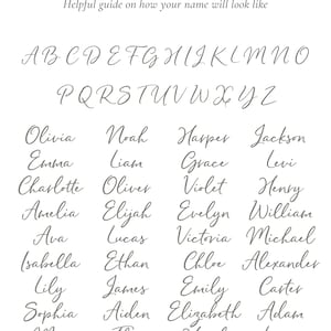 May include: A font chart displaying a gray cursive script alphabet from A to Z, followed by a list of common names including Olivia, Noah, Harper, Jackson, Emma, Liam, Grace, Levi, Charlotte, Oliver, Violet, Henry, Amelia, Elijah, Evelyn, William, Ava, Lucas, Victoria, Michael, Isabella, Ethan, Chloe, Alexander, Lily, James, Emily, Carter, Sophia, Aiden, Elizabeth, Adam, Mia, Theo, Hazel, and Logan.