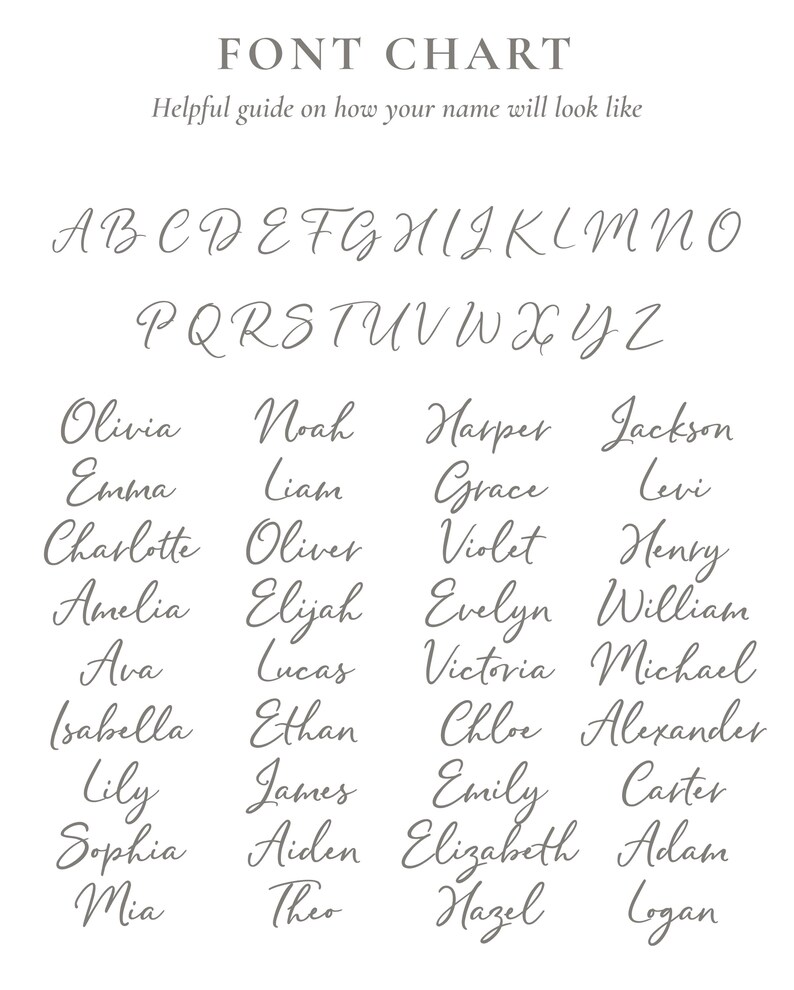 May include: A font chart displaying a gray cursive script alphabet from A to Z, followed by a list of common names including Olivia, Noah, Harper, Jackson, Emma, Liam, Grace, Levi, Charlotte, Oliver, Violet, Henry, Amelia, Elijah, Evelyn, William, Ava, Lucas, Victoria, Michael, Isabella, Ethan, Chloe, Alexander, Lily, James, Emily, Carter, Sophia, Aiden, Elizabeth, Adam, Mia, Theo, Hazel, and Logan.