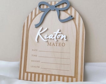 Baby Boy Hospital Name Sign Birth Announcement Newborn Striped Arch Blue Bow Personalized Keepsake