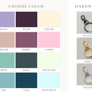 Puede incluir: Imagen que muestra opciones de color y opciones de hardware. La secci&oacute;n "CHOOSE COLOR" muestra una paleta de colores como lila, ciruela y crema. La secci&oacute;n "HARDWARE" presenta opciones en negro, dorado y plateado.