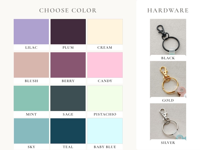 Puede incluir: Imagen que muestra opciones de color y opciones de hardware. La secci&oacute;n "CHOOSE COLOR" muestra una paleta de colores como lila, ciruela y crema. La secci&oacute;n "HARDWARE" presenta opciones en negro, dorado y plateado.