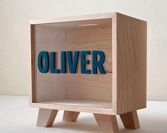 Hucha de madera para niños con inicial del alfabeto, caja de dinero personalizada con nombre, hucha de madera para bautizo, regalo con inicial.