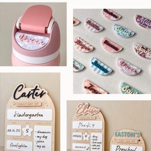 Puede incluir: Una colecci&oacute;n de art&iacute;culos personalizados, que incluyen una botella de agua rosa y blanca con el nombre "Vivian", etiquetas con nombres y letreros de madera para el primer y &uacute;ltimo d&iacute;a de clases. Los letreros tienen espacio para el nombre, la edad y las cosas favoritas del ni&ntilde;o.