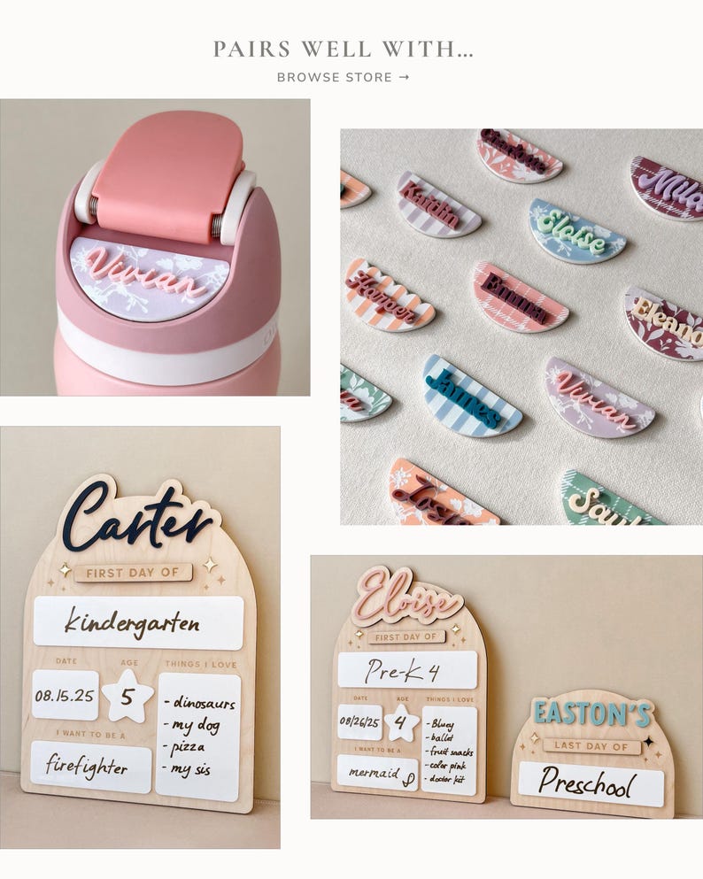 Puede incluir: Una colecci&oacute;n de art&iacute;culos personalizados, que incluyen una botella de agua rosa y blanca con el nombre "Vivian", etiquetas con nombres y letreros de madera para el primer y &uacute;ltimo d&iacute;a de clases. Los letreros tienen espacio para el nombre, la edad y las cosas favoritas del ni&ntilde;o.
