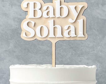Personalisierter Tortenaufsatz mit Babynamen für die Babyparty, Tortenaufsatz aus Holz, Retro-Babyparty-Dekoration, Boho-Babyparty-Tortenaufsatz, Tortendekoration mit Babynamen