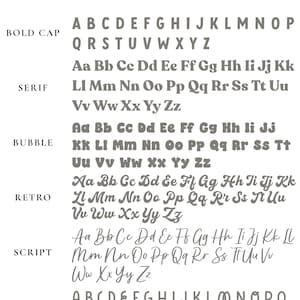 May include: A font chart displaying five distinct alphabet styles labeled as BOLD CAP, SERIF, BUBBLE, RETRO, and SCRIPT, followed by a final row labeled PLAYFUL. Each row presents the letters A through Z in the corresponding typeface style.