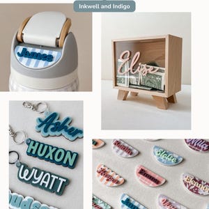 May include: A collection of personalized items including a water bottle lid with a name tag, a wooden shadow box bank with a name, several acrylic keychains with names, and multiple semi-circular name tags featuring various patterns and colors.