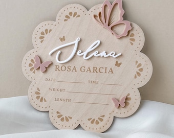 Newborn Stats Butterfly Wooden Plaque Girl Baby Announcement Butterfly Nursery Shelf Decor Keepsake Gift Baby Shower Personalized Baby Birth