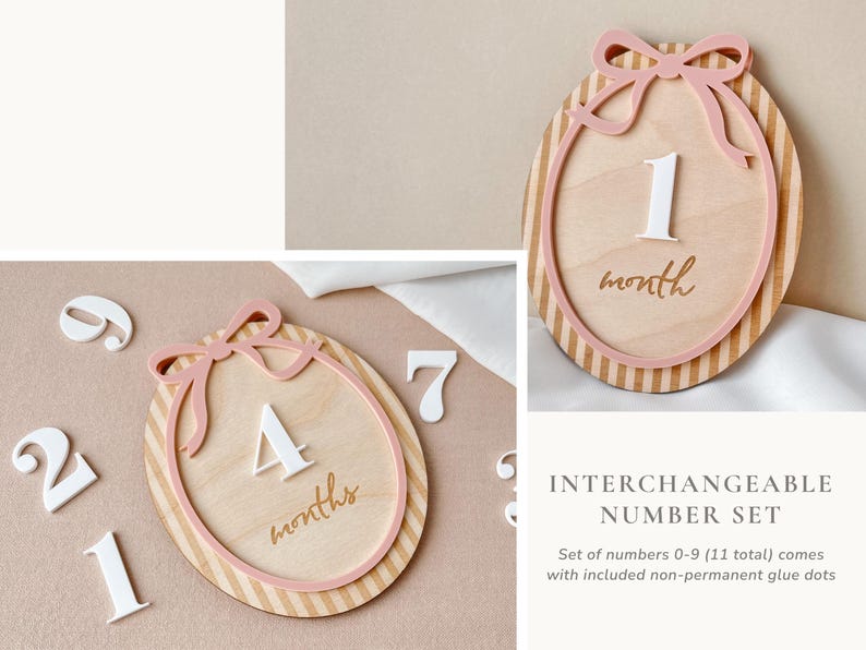 Puede incluir: Marcadores de hitos para beb&eacute;s de madera con un dise&ntilde;o de lazo rosa. El conjunto incluye los n&uacute;meros 0-9, con los n&uacute;meros 1, 2, 4 y 7 visibles. Tambi&eacute;n se muestran las palabras "month" y "months".