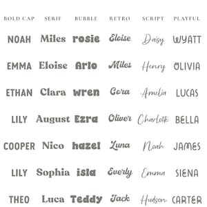 May include: A font style selection chart featuring the heading CHOOSE FONT STYLE. Six columns display various typography options labeled BOLD CAP, SERIF, BUBBLE, RETRO, SCRIPT, and PLAYFUL, each containing a list of names in the corresponding font.