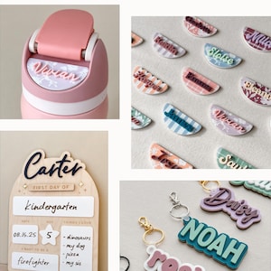 Puede incluir: Una colecci&oacute;n de art&iacute;culos personalizados, que incluye una botella de agua rosa con un nombre, etiquetas con nombres, llaveros y un letrero de madera para el primer d&iacute;a de jard&iacute;n de infancia. El letrero incluye el nombre "Carter" y el texto "firefighter".