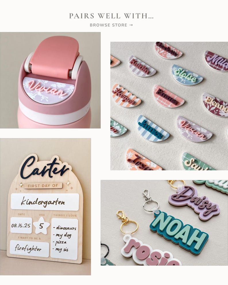 Puede incluir: Una colecci&oacute;n de art&iacute;culos personalizados, que incluye una botella de agua rosa con un nombre, etiquetas con nombres, llaveros y un letrero de madera para el primer d&iacute;a de jard&iacute;n de infancia. El letrero incluye el nombre "Carter" y el texto "firefighter".