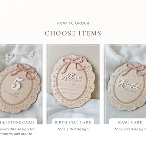May include: Three oval wooden plaques with scalloped edges and pink bows. The first shows the number 5 and the word months. The second features the name Allora Olivia Ocker with lines for birth stats. The third displays the name Krista Leanne.
