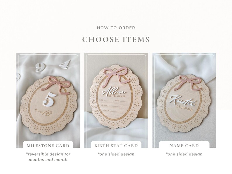 May include: Three oval wooden plaques with scalloped edges and pink bows. The first shows the number 5 and the word months. The second features the name Allora Olivia Ocker with lines for birth stats. The third displays the name Krista Leanne.