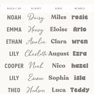 May include: A font selection chart displaying four distinct styles labeled Bold Cap, Script, Serif, and Bubble. Each style features a list of names followed by the full alphabet in both uppercase and lowercase letters in a dark gray color.