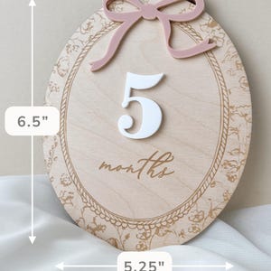Pu&ograve; includere: Una targa ovale in legno per tappe fondamentali con un fiocco in acrilico rosa polvere sulla parte superiore, il numero 5 in acrilico bianco e la parola months in corsivo. La targa ha un bordo floreale e misura 16,51 cm di altezza e 13,34 cm di larghezza.