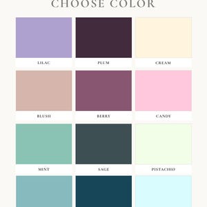 May include: A color chart titled CHOOSE NAME COLOR featuring twelve rectangular swatches labeled Lilac, Plum, Cream, Blush, Berry, Candy, Mint, Sage, Pistachio, Sky, Teal, and Baby Blue, arranged in a grid of four rows and three columns.