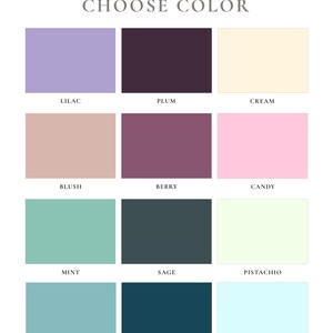 May include: A color chart titled HOW TO ORDER CHOOSE COLOR featuring twelve rectangular swatches labeled Lilac, Plum, Cream, Blush, Berry, Candy, Mint, Sage, Pistachio, Sky, Teal, and Baby Blue arranged in a four-by-three grid on a white background.