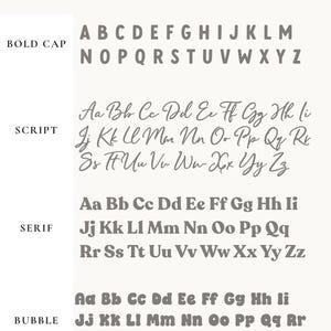 May include: A typography chart displaying two font styles labeled BOLD CAP and SCRIPT. The BOLD CAP section lists names in a dark gray sans-serif font, while the SCRIPT section features names in a dark gray cursive font on a white background.