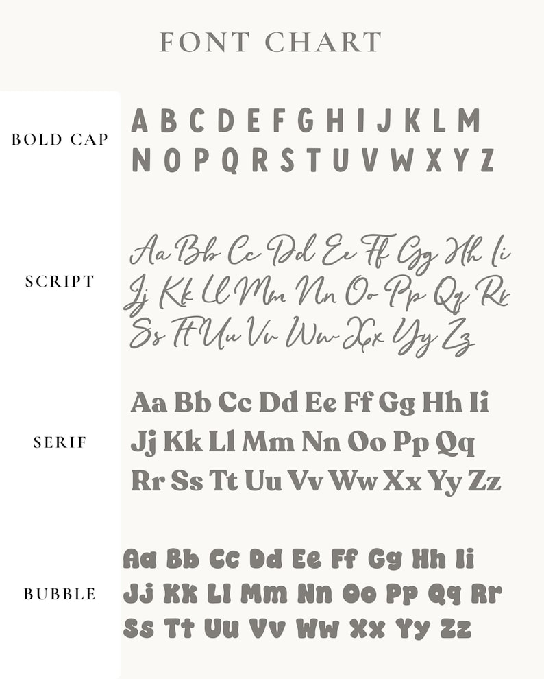 May include: A typography chart displaying two font styles labeled BOLD CAP and SCRIPT. The BOLD CAP section lists names in a dark gray sans-serif font, while the SCRIPT section features names in a dark gray cursive font on a white background.