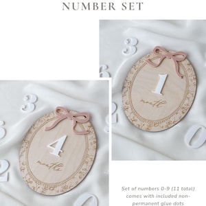Pu&ograve; includere: Un set di numeri intercambiabili con targhe ovali in legno con bordi floreali, un fiocco rosa sulla parte superiore e numeri bianchi. Il testo recita INTERCHANGEABLE NUMBER SET e Set of numbers 0-9 (11 total) comes with included non-permanent glue dots.