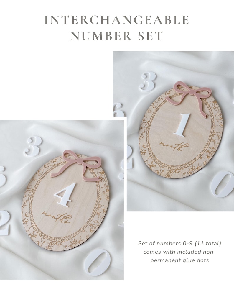 Pu&ograve; includere: Un set di numeri intercambiabili con targhe ovali in legno con bordi floreali, un fiocco rosa sulla parte superiore e numeri bianchi. Il testo recita INTERCHANGEABLE NUMBER SET e Set of numbers 0-9 (11 total) comes with included non-permanent glue dots.