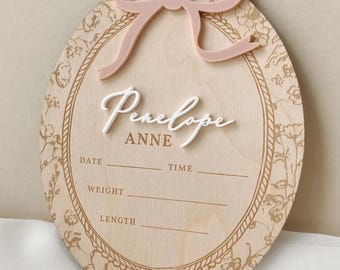 Girl Birth Name Sign Bow Hospital Announcement for Baby Girl Floral Birth Announcement Vintage Style Name Sign Announcement Plaque with Bow