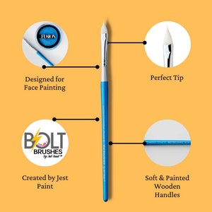 May include: A face painting brush with a blue handle and a white tip. The brush is labelled "BOLT BRUSHES" and "Designed for Face Painting". The brush has a soft, painted wooden handle.